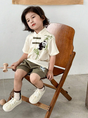 Young Boy Combination Casual Short-Sleeved Shirt With Panda Patterned Flat Buckle Shorts Hanfu