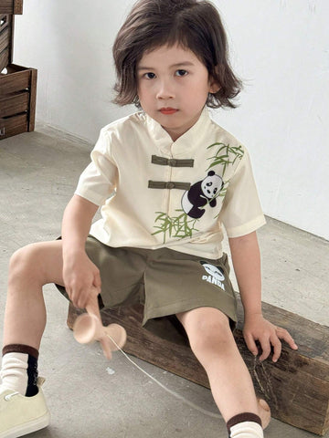 Young Boy Combination Casual Short-Sleeved Shirt With Panda Patterned Flat Buckle Shorts Hanfu