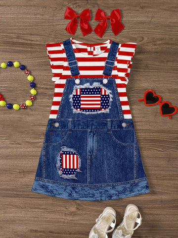 Young Boy Independence Day Casual Simple Pattern Ruffle Hem Dress, Suitable For Summer