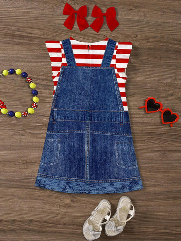 Young Boy Independence Day Casual Simple Pattern Ruffle Hem Dress, Suitable For Summer