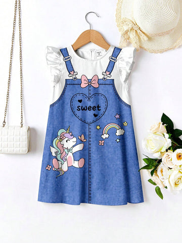 Young Boys' Casual And Simple Unicorn & Flower Print Ruffle Sleeve Dress With Lotus Leaf Edge, Suitable For Summer