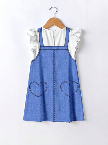 Young Boys' Casual And Simple Unicorn & Flower Print Ruffle Sleeve Dress With Lotus Leaf Edge, Suitable For Summer
