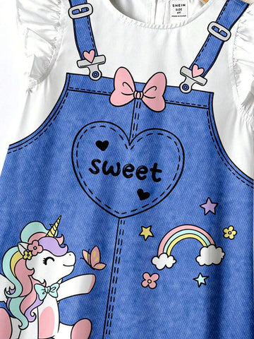 Young Boys' Casual And Simple Unicorn & Flower Print Ruffle Sleeve Dress With Lotus Leaf Edge, Suitable For Summer