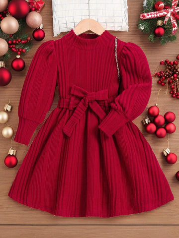 Young Girl 1pc/Set Basics Knitted Solid Color Puff Sleeve Dress,Great For Casual & Daily Wear & School Daily In Autumn & Winter, Red Color,For Christmas
