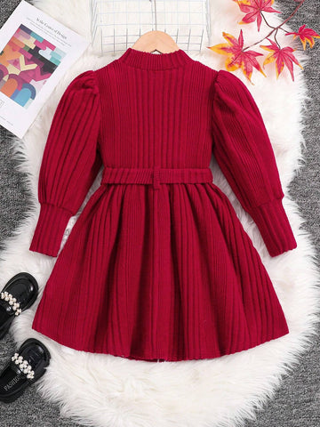 Young Girl 1pc/Set Basics Knitted Solid Color Puff Sleeve Dress,Great For Casual & Daily Wear & School Daily In Autumn & Winter, Red Color,For Christmas