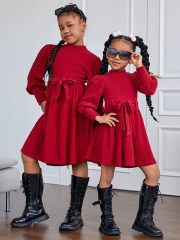 Young Girl 1pc/Set Basics Knitted Solid Color Puff Sleeve Dress,Great For Casual & Daily Wear & School Daily In Autumn & Winter, Red Color,For Christmas