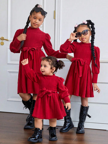 Young Girl 1pc/Set Basics Knitted Solid Color Puff Sleeve Dress,Great For Casual & Daily Wear & School Daily In Autumn & Winter, Red Color,For Christmas