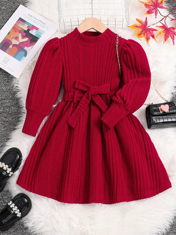 Young Girl 1pc/Set Basics Knitted Solid Color Puff Sleeve Dress,Great For Casual & Daily Wear & School Daily In Autumn & Winter, Red Color,For Christmas