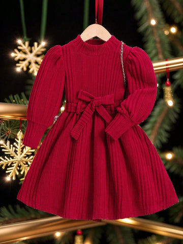 Young Girl 1pc/Set Basics Knitted Solid Color Puff Sleeve Dress,Great For Casual & Daily Wear & School Daily In Autumn & Winter, Red Color,For Christmas