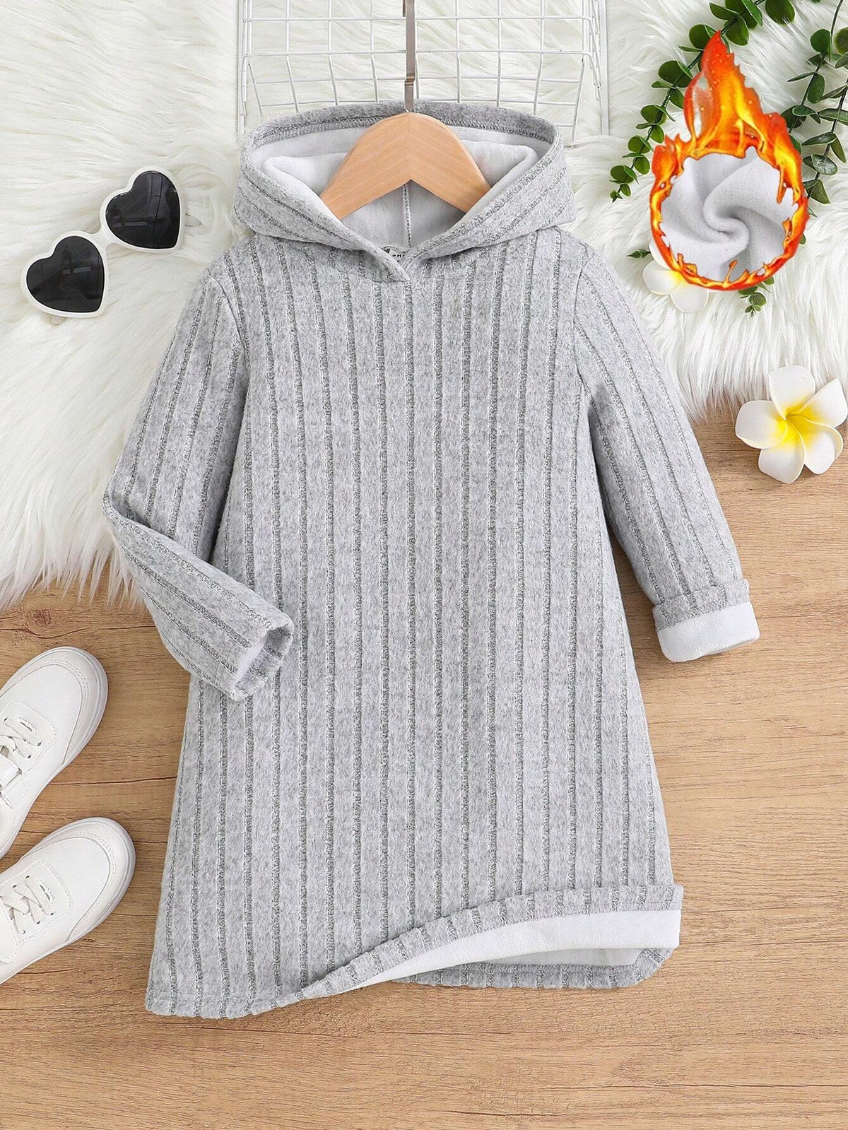 Young Girl 1pc/Set Basics Knitted Solid Color ,Versatile Thermal Hooded Dress, Great For Casual & Daily Wear & School Daily In Autumn & Winter
