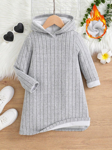 Young Girl 1pc/Set Basics Knitted Solid Color ,Versatile Thermal Hooded Dress, Great For Casual & Daily Wear & School Daily In Autumn & Winter