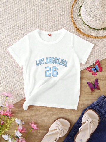 Young Girl 1pc Casual Letter And Number Printed Short Sleeve Lightweight Knit T-Shirt For Summer