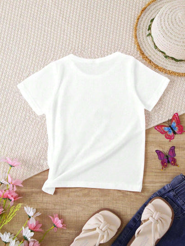 Young Girl 1pc Casual Letter And Number Printed Short Sleeve Lightweight Knit T-Shirt For Summer