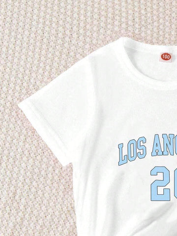 Young Girl 1pc Casual Letter And Number Printed Short Sleeve Lightweight Knit T-Shirt For Summer