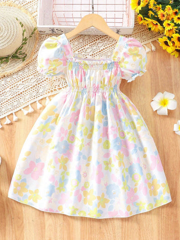 Young Girl 1pc Casual Loose Elegant Sweet Floral Printed Dress, Perfect For Holidays, Travel And Beach In Summer