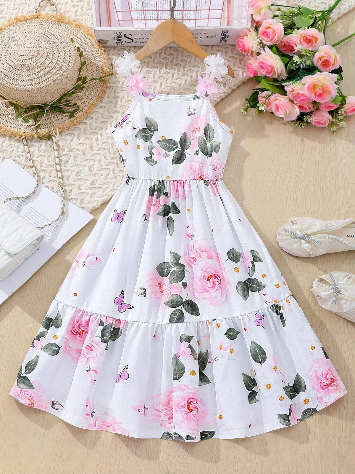Young Girl 1pc Casual Loose Sweet Camisole Mesh Bowknot Printed Dress, Perfect For Traveling, Summer Beach Vacation