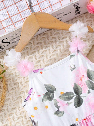 Young Girl 1pc Casual Loose Sweet Camisole Mesh Bowknot Printed Dress, Perfect For Traveling, Summer Beach Vacation