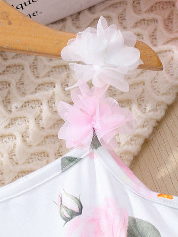 Young Girl 1pc Casual Loose Sweet Camisole Mesh Bowknot Printed Dress, Perfect For Traveling, Summer Beach Vacation