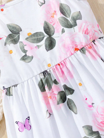 Young Girl 1pc Casual Loose Sweet Camisole Mesh Bowknot Printed Dress, Perfect For Traveling, Summer Beach Vacation