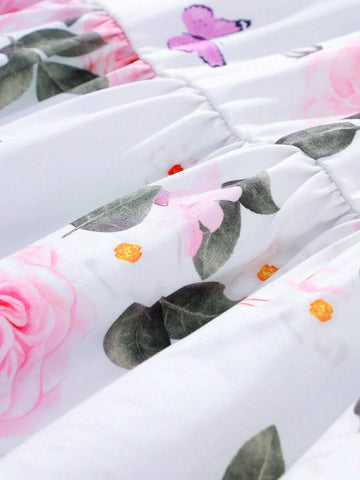 Young Girl 1pc Casual Loose Sweet Camisole Mesh Bowknot Printed Dress, Perfect For Traveling, Summer Beach Vacation