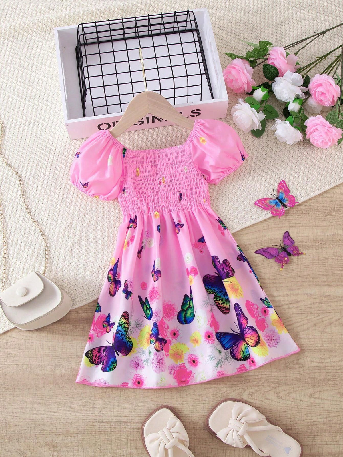 Young Girl 1pc Casual Style Butterfly & Floral Print Puff Sleeved Dress, Summer