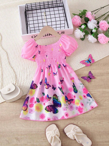 Young Girl 1pc Casual Style Butterfly & Floral Print Puff Sleeved Dress, Summer