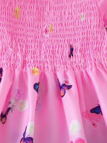 Young Girl 1pc Casual Style Butterfly & Floral Print Puff Sleeved Dress, Summer