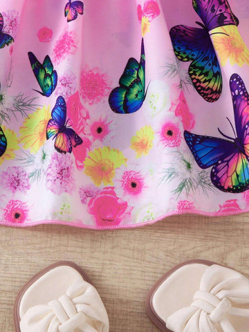 Young Girl 1pc Casual Style Butterfly & Floral Print Puff Sleeved Dress, Summer