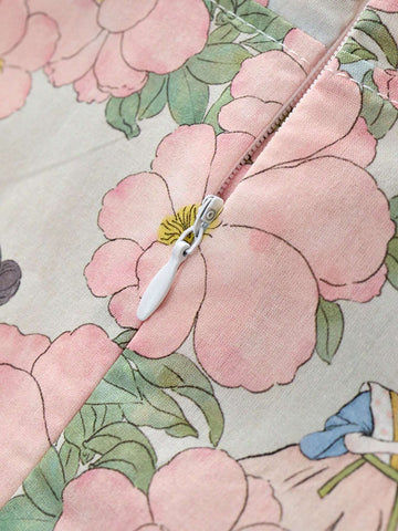 Young Girl 1pc Chinese Retro Style Cotton Printed Retro Cheongsam Dress With Soft Skin-Friendly Fabric, Cap Sleeved, For Little Girl Casual Holidays, Children's Day, Spring & Summer