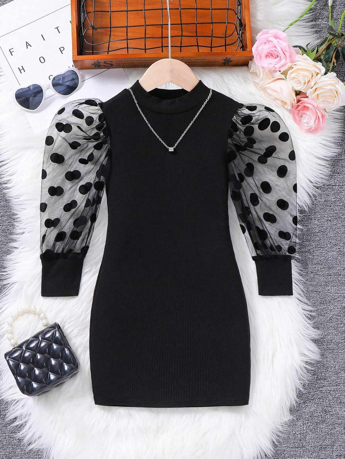 Young Girl 1pc Contrast Dobby Mesh Mock Neck Puff Sleeve Dress,Great For Casual & Party Wear