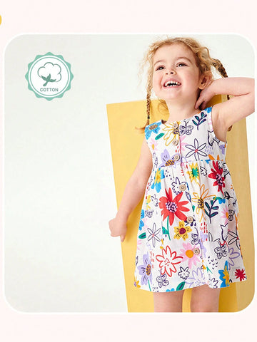 Young Girl 1pc Cute Princess Flower Print Sleeveless Dress For Summer