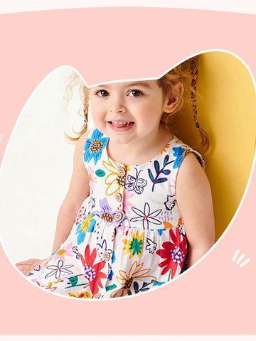 Young Girl 1pc Cute Princess Flower Print Sleeveless Dress For Summer