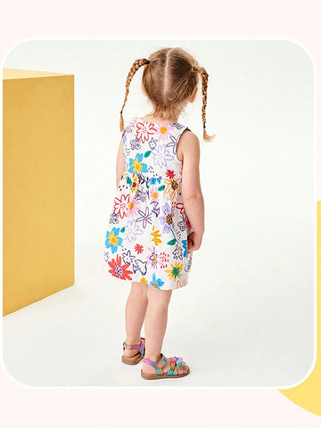 Young Girl 1pc Cute Princess Flower Print Sleeveless Dress For Summer