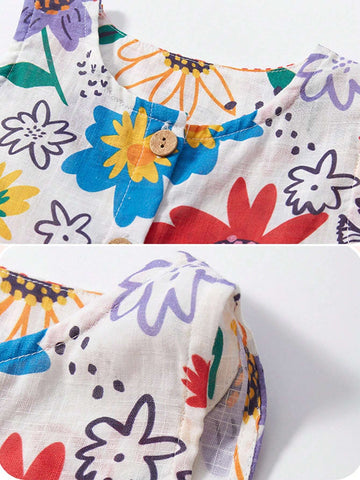 Young Girl 1pc Cute Princess Flower Print Sleeveless Dress For Summer