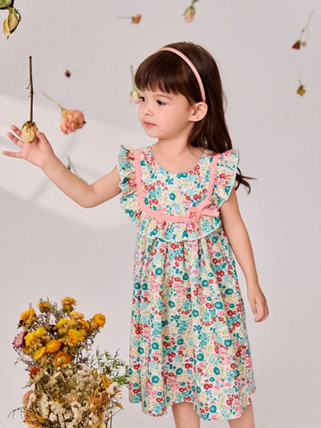 Young Girl 1pc Elegant Flower Printed Dress With Bowknot