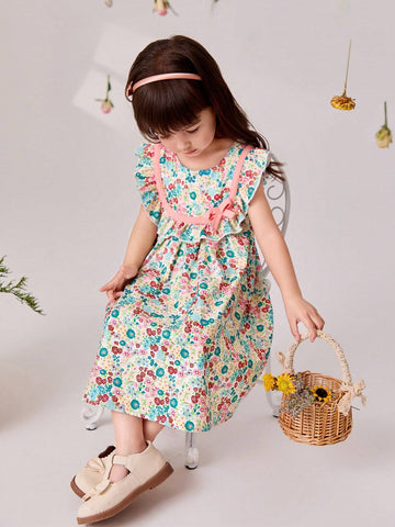 Young Girl 1pc Elegant Flower Printed Dress With Bowknot