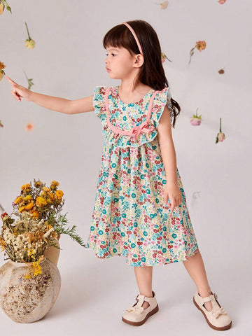 Young Girl 1pc Elegant Flower Printed Dress With Bowknot