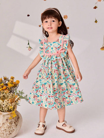 Young Girl 1pc Elegant Flower Printed Dress With Bowknot