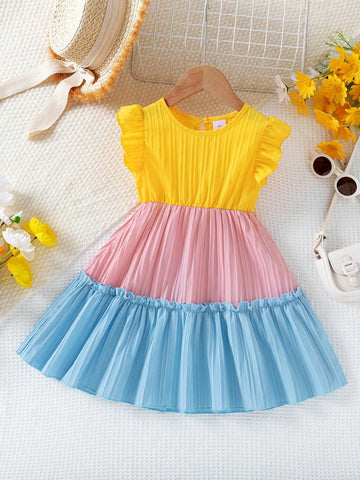 Young Girl 1pc Elegant Solid Color Cap Sleeve Dress With Multi-Color Patchwork Dress Design For Girls