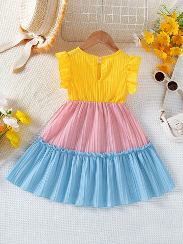 Young Girl 1pc Elegant Solid Color Cap Sleeve Dress With Multi-Color Patchwork Dress Design For Girls
