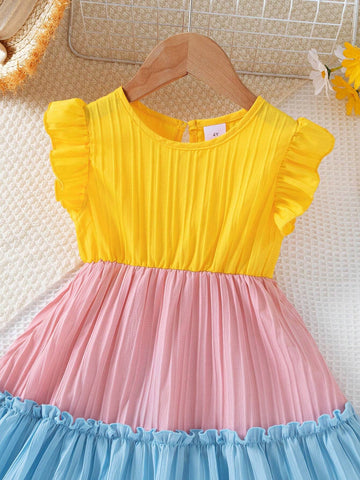 Young Girl 1pc Elegant Solid Color Cap Sleeve Dress With Multi-Color Patchwork Dress Design For Girls