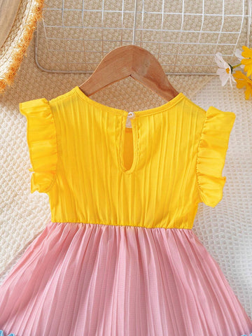 Young Girl 1pc Elegant Solid Color Cap Sleeve Dress With Multi-Color Patchwork Dress Design For Girls