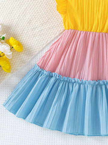 Young Girl 1pc Elegant Solid Color Cap Sleeve Dress With Multi-Color Patchwork Dress Design For Girls