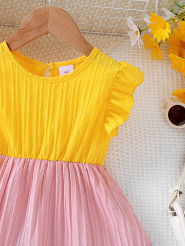 Young Girl 1pc Elegant Solid Color Cap Sleeve Dress With Multi-Color Patchwork Dress Design For Girls