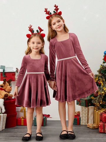 Young Girl 1pc Fashion & Cute Square Neck Flared Velvet Dress, A-Line Dress, Elegant Long Sleeve Cake Dress