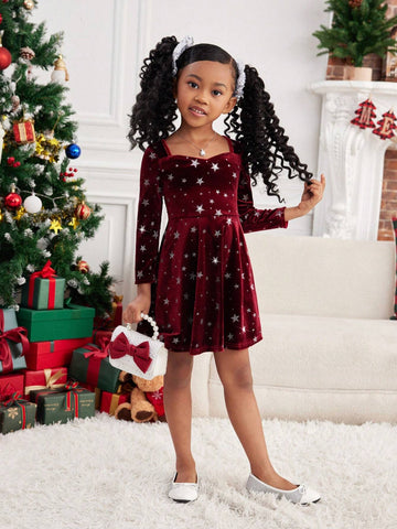 Young Girl 1pc Fashion & Cute Square Neck Flared Velvet Dress, A-Line Dress, Elegant Long Sleeve Cake Dress