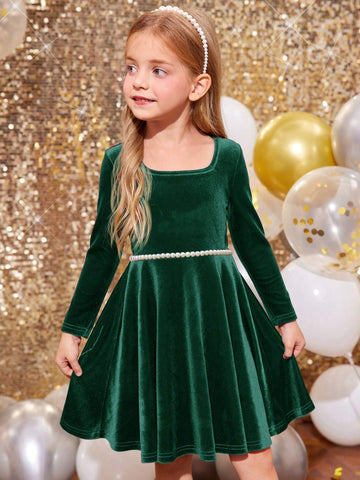 Young Girl 1pc Fashion & Cute Square Neck Flared Velvet Dress, A-Line Dress, Elegant Long Sleeve Cake Dress