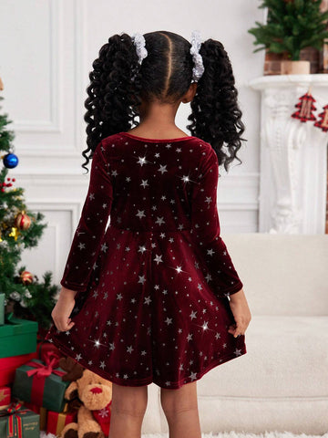 Young Girl 1pc Fashion & Cute Square Neck Flared Velvet Dress, A-Line Dress, Elegant Long Sleeve Cake Dress
