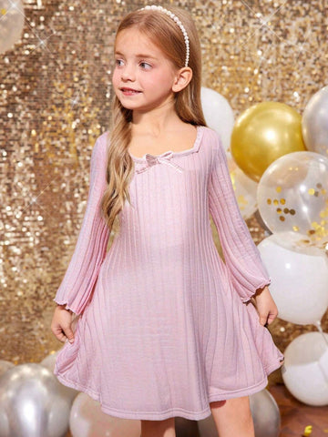 Young Girl 1pc Fashion & Cute Square Neck Flared Velvet Dress, A-Line Dress, Elegant Long Sleeve Cake Dress, For Birthday Party, Vacation