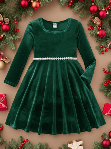 Young Girl 1pc Fashion & Cute Square Neck Flared Velvet Dress, A-Line Dress, Elegant Long Sleeve Cake Dress